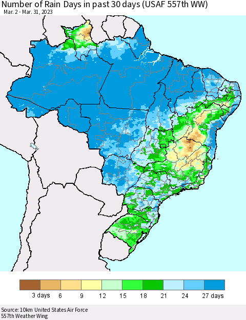 Brazil Number of Rain Days in past 30 days (USAF 557th WW) 03/31/2023 Thematic Map For 3/26/2023 - 3/31/2023