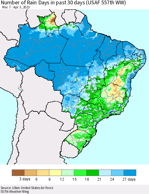 Brazil Number of Rain Days in past 30 days (USAF 557th WW) 04/05/2023 Thematic Map For 4/1/2023 - 4/5/2023