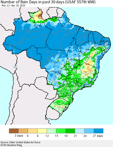 Brazil Number of Rain Days in past 30 days (USAF 557th WW) 04/10/2023 Thematic Map For 4/6/2023 - 4/10/2023
