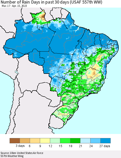 Brazil Number of Rain Days in past 30 days (USAF 557th WW) 04/15/2023 Thematic Map For 4/11/2023 - 4/15/2023