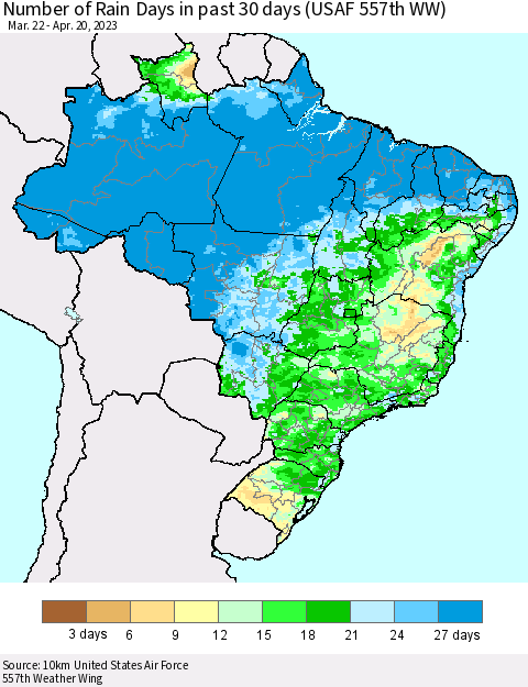 Brazil Number of Rain Days in past 30 days (USAF 557th WW) 04/20/2023 Thematic Map For 4/16/2023 - 4/20/2023