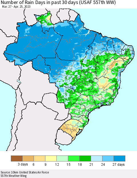 Brazil Number of Rain Days in past 30 days (USAF 557th WW) 04/25/2023 Thematic Map For 4/21/2023 - 4/25/2023
