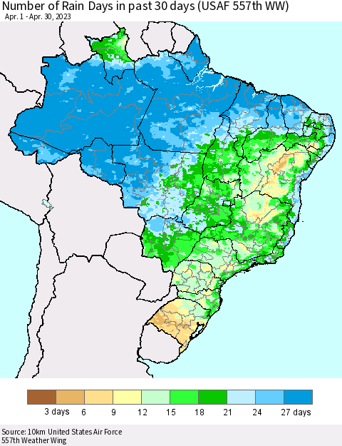 Brazil Number of Rain Days in past 30 days (USAF 557th WW) 04/30/2023 Thematic Map For 4/26/2023 - 4/30/2023