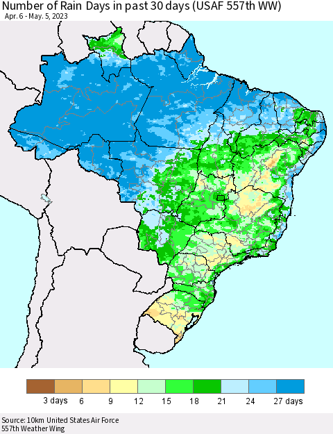 Brazil Number of Rain Days in past 30 days (USAF 557th WW) 05/05/2023 Thematic Map For 5/1/2023 - 5/5/2023