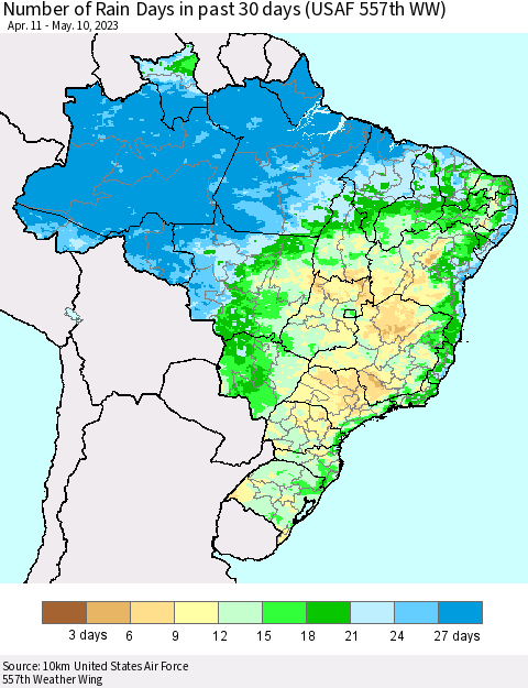 Brazil Number of Rain Days in past 30 days (USAF 557th WW) 05/10/2023 Thematic Map For 5/6/2023 - 5/10/2023