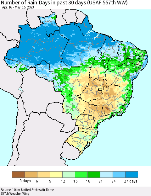 Brazil Number of Rain Days in past 30 days (USAF 557th WW) 05/15/2023 Thematic Map For 5/11/2023 - 5/15/2023