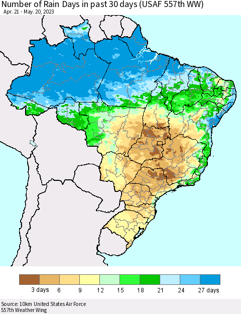 Brazil Number of Rain Days in past 30 days (USAF 557th WW) 05/20/2023 Thematic Map For 5/16/2023 - 5/20/2023