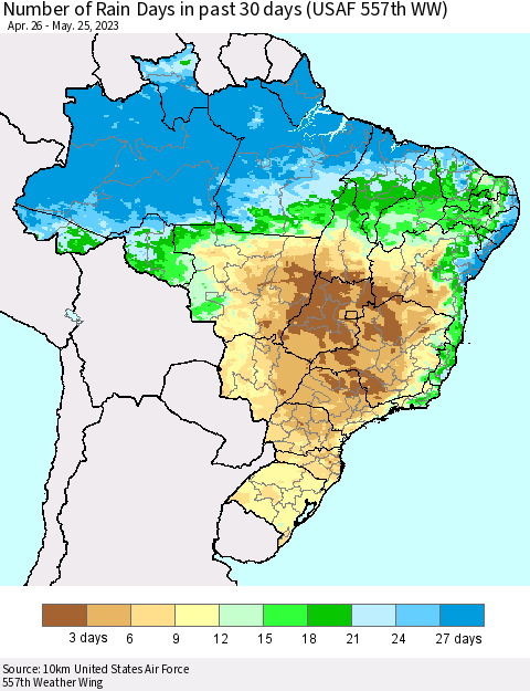 Brazil Number of Rain Days in past 30 days (USAF 557th WW) 05/25/2023 Thematic Map For 5/21/2023 - 5/25/2023