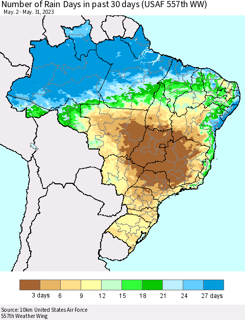 Brazil Number of Rain Days in past 30 days (USAF 557th WW) 05/31/2023 Thematic Map For 5/26/2023 - 5/31/2023
