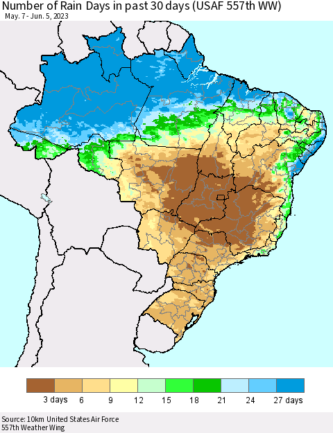 Brazil Number of Rain Days in past 30 days (USAF 557th WW) 06/05/2023 Thematic Map For 6/1/2023 - 6/5/2023