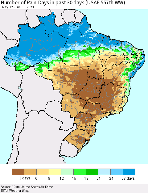 Brazil Number of Rain Days in past 30 days (USAF 557th WW) 06/10/2023 Thematic Map For 6/6/2023 - 6/10/2023