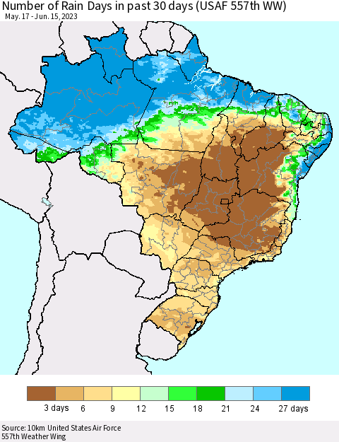 Brazil Number of Rain Days in past 30 days (USAF 557th WW) 06/15/2023 Thematic Map For 6/11/2023 - 6/15/2023