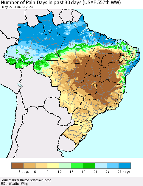 Brazil Number of Rain Days in past 30 days (USAF 557th WW) 06/20/2023 Thematic Map For 6/16/2023 - 6/20/2023