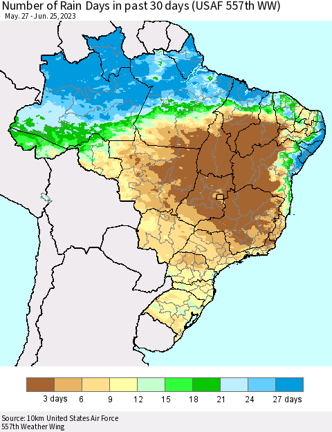 Brazil Number of Rain Days in past 30 days (USAF 557th WW) 06/25/2023 Thematic Map For 6/21/2023 - 6/25/2023