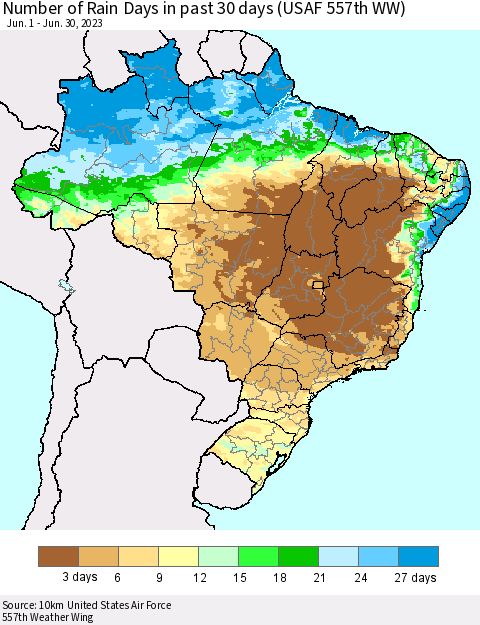 Brazil Number of Rain Days in past 30 days (USAF 557th WW) 06/30/2023 Thematic Map For 6/26/2023 - 6/30/2023
