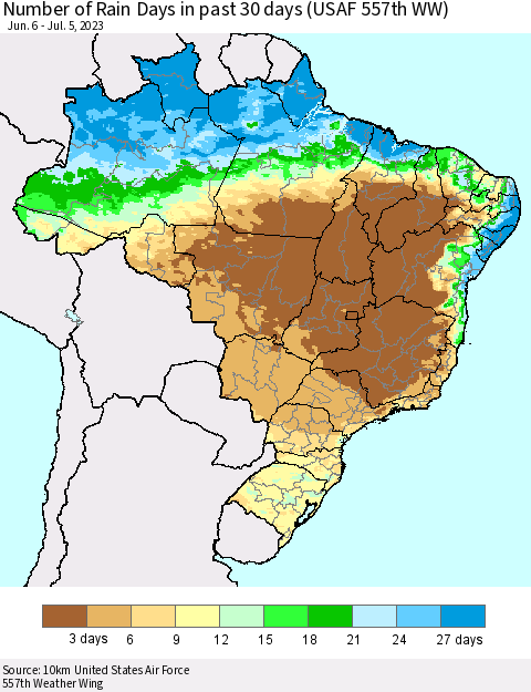 Brazil Number of Rain Days in past 30 days (USAF 557th WW) 07/05/2023 Thematic Map For 7/1/2023 - 7/5/2023
