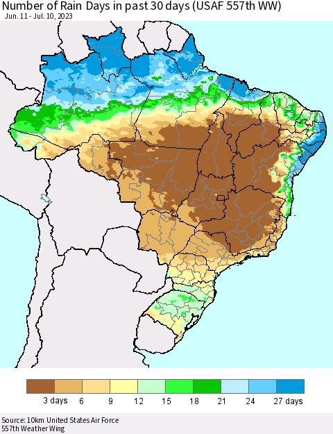 Brazil Number of Rain Days in past 30 days (USAF 557th WW) 07/10/2023 Thematic Map For 7/6/2023 - 7/10/2023