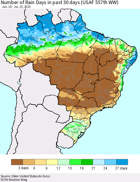 Brazil Number of Rain Days in past 30 days (USAF 557th WW) 07/15/2023 Thematic Map For 7/11/2023 - 7/15/2023