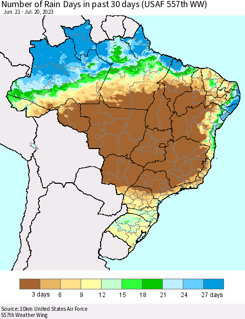 Brazil Number of Rain Days in past 30 days (USAF 557th WW) 07/20/2023 Thematic Map For 7/16/2023 - 7/20/2023