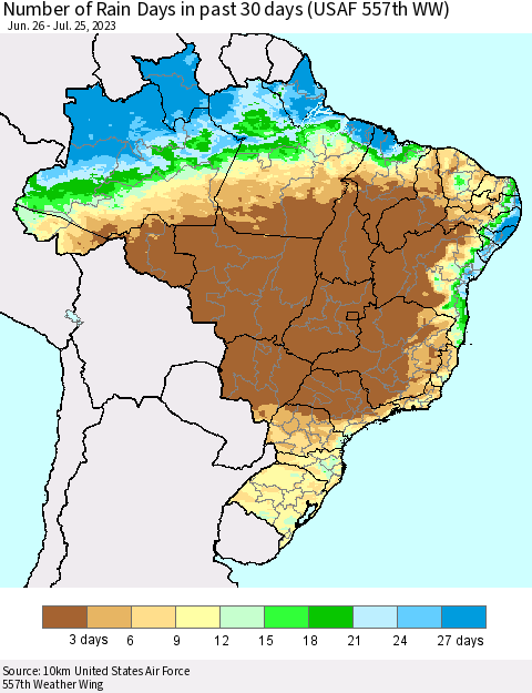 Brazil Number of Rain Days in past 30 days (USAF 557th WW) 07/25/2023 Thematic Map For 7/21/2023 - 7/25/2023