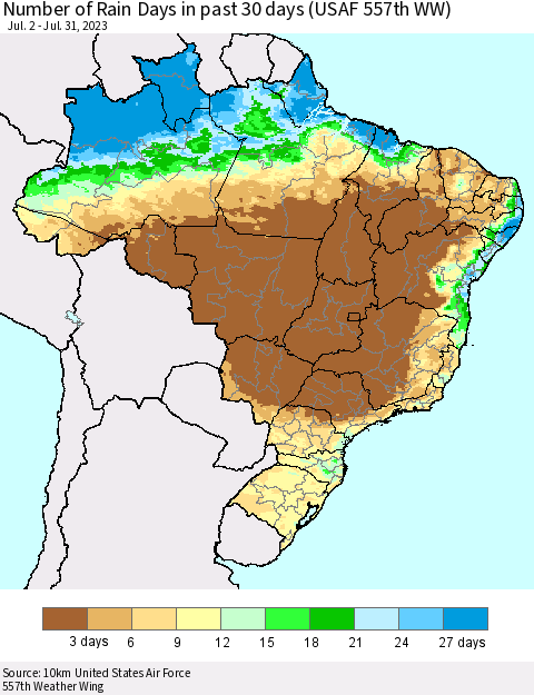 Brazil Number of Rain Days in past 30 days (USAF 557th WW) 07/31/2023 Thematic Map For 7/26/2023 - 7/31/2023