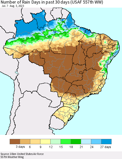 Brazil Number of Rain Days in past 30 days (USAF 557th WW) 08/05/2023 Thematic Map For 8/1/2023 - 8/5/2023