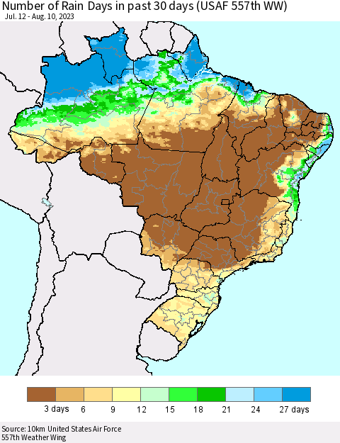 Brazil Number of Rain Days in past 30 days (USAF 557th WW) 08/10/2023 Thematic Map For 8/6/2023 - 8/10/2023