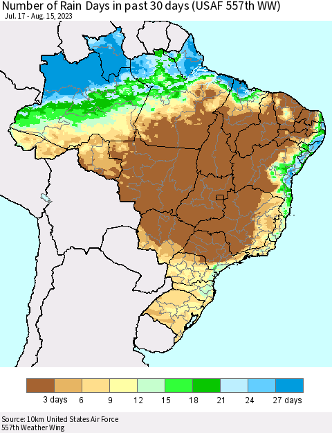 Brazil Number of Rain Days in past 30 days (USAF 557th WW) 08/15/2023 Thematic Map For 8/11/2023 - 8/15/2023