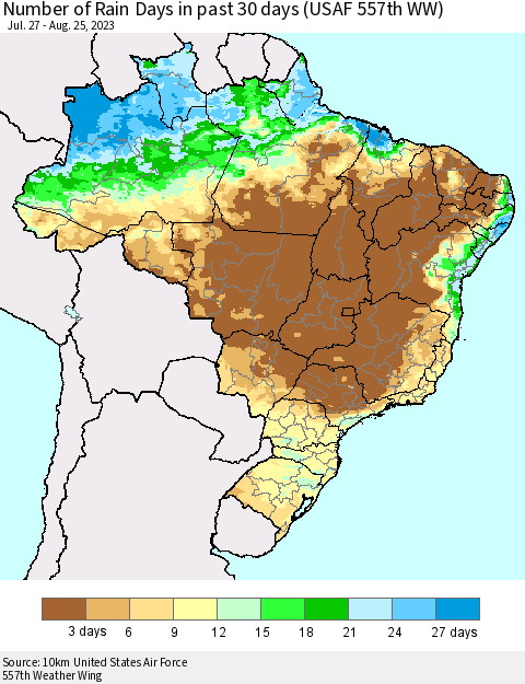 Brazil Number of Rain Days in past 30 days (USAF 557th WW) 08/25/2023 Thematic Map For 8/21/2023 - 8/25/2023