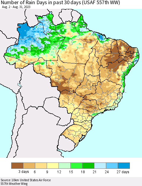 Brazil Number of Rain Days in past 30 days (USAF 557th WW) 08/31/2023 Thematic Map For 8/26/2023 - 8/31/2023