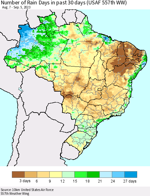 Brazil Number of Rain Days in past 30 days (USAF 557th WW) 09/05/2023 Thematic Map For 9/1/2023 - 9/5/2023