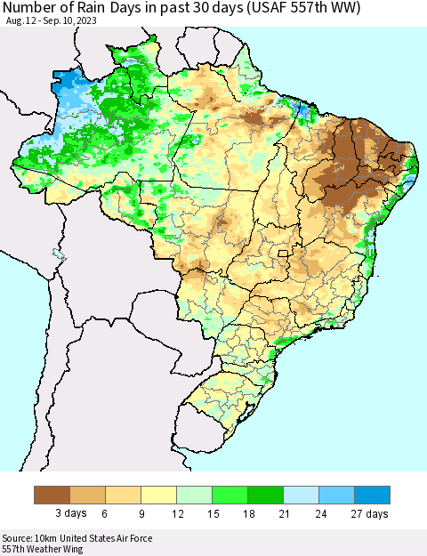 Brazil Number of Rain Days in past 30 days (USAF 557th WW) 09/10/2023 Thematic Map For 9/6/2023 - 9/10/2023