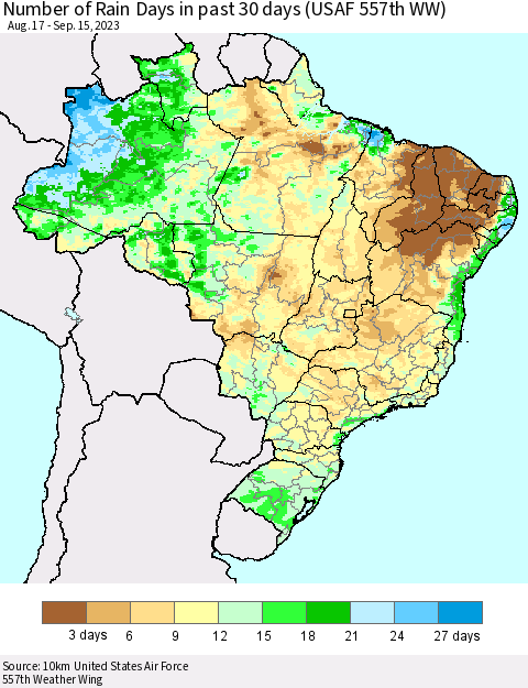 Brazil Number of Rain Days in past 30 days (USAF 557th WW) 09/15/2023 Thematic Map For 9/11/2023 - 9/15/2023