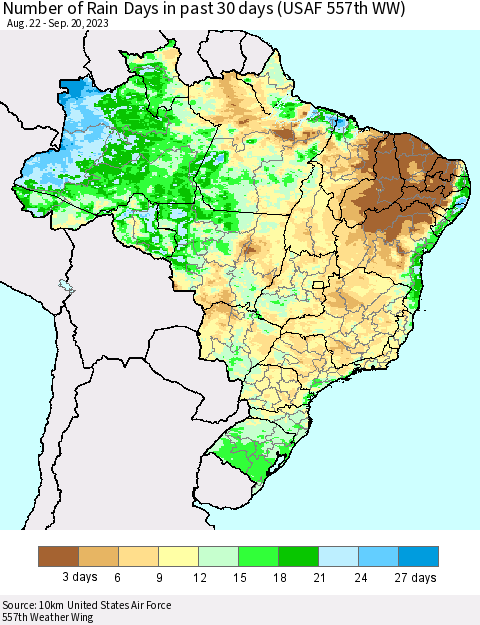 Brazil Number of Rain Days in past 30 days (USAF 557th WW) 09/20/2023 Thematic Map For 9/16/2023 - 9/20/2023