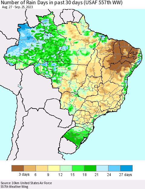 Brazil Number of Rain Days in past 30 days (USAF 557th WW) 09/25/2023 Thematic Map For 9/21/2023 - 9/25/2023