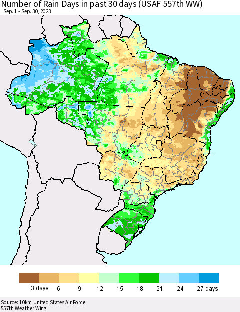 Brazil Number of Rain Days in past 30 days (USAF 557th WW) 09/30/2023 Thematic Map For 9/26/2023 - 9/30/2023
