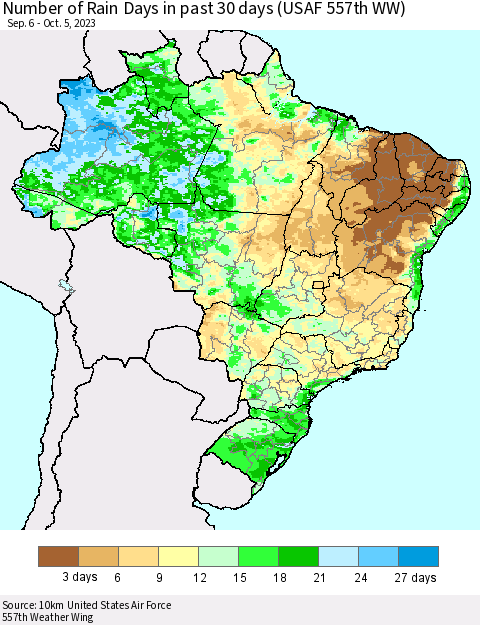 Brazil Number of Rain Days in past 30 days (USAF 557th WW) 10/05/2023 Thematic Map For 10/1/2023 - 10/5/2023