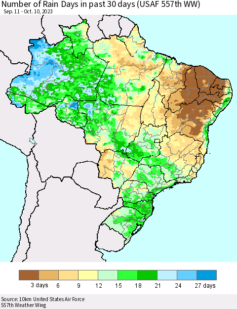 Brazil Number of Rain Days in past 30 days (USAF 557th WW) 10/10/2023 Thematic Map For 10/6/2023 - 10/10/2023