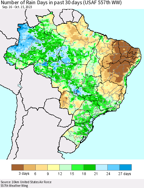 Brazil Number of Rain Days in past 30 days (USAF 557th WW) 10/15/2023 Thematic Map For 10/11/2023 - 10/15/2023