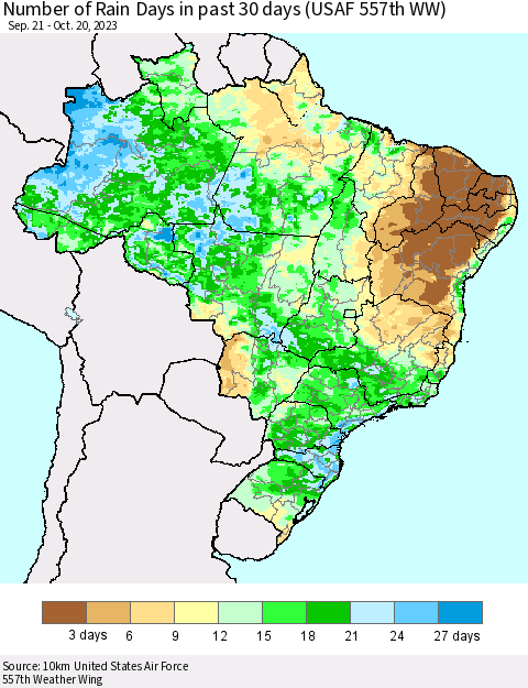 Brazil Number of Rain Days in past 30 days (USAF 557th WW) 10/20/2023 Thematic Map For 10/16/2023 - 10/20/2023