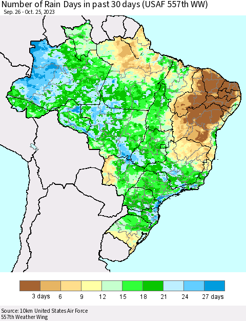 Brazil Number of Rain Days in past 30 days (USAF 557th WW) 10/25/2023 Thematic Map For 10/21/2023 - 10/25/2023