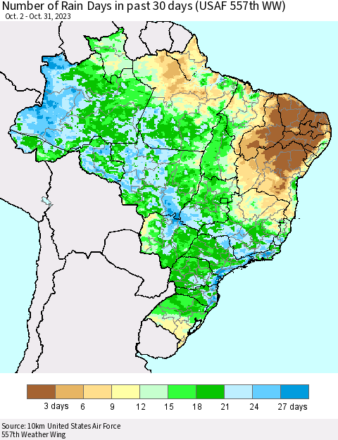 Brazil Number of Rain Days in past 30 days (USAF 557th WW) 10/31/2023 Thematic Map For 10/26/2023 - 10/31/2023