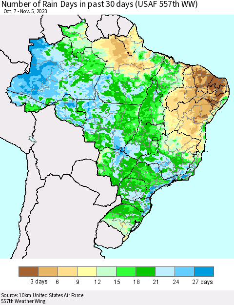 Brazil Number of Rain Days in past 30 days (USAF 557th WW) 11/05/2023 Thematic Map For 11/1/2023 - 11/5/2023