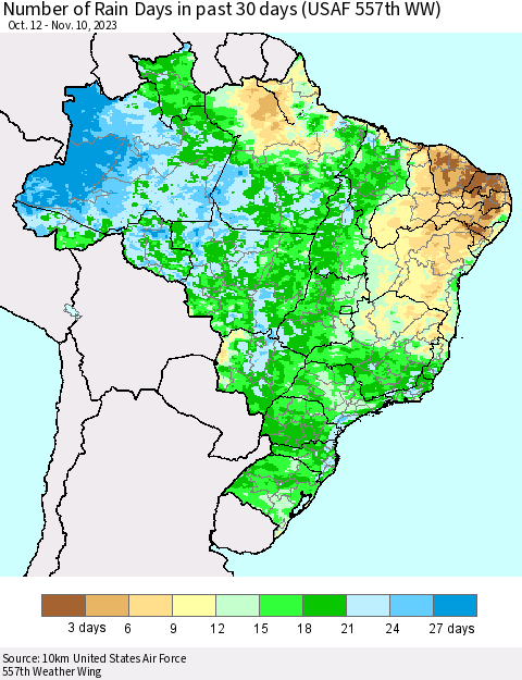 Brazil Number of Rain Days in past 30 days (USAF 557th WW) 11/10/2023 Thematic Map For 11/6/2023 - 11/10/2023