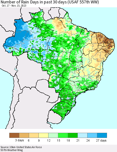 Brazil Number of Rain Days in past 30 days (USAF 557th WW) 11/15/2023 Thematic Map For 11/11/2023 - 11/15/2023