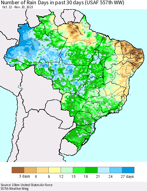 Brazil Number of Rain Days in past 30 days (USAF 557th WW) 11/20/2023 Thematic Map For 11/16/2023 - 11/20/2023