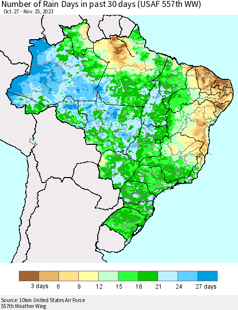 Brazil Number of Rain Days in past 30 days (USAF 557th WW) 11/25/2023 Thematic Map For 11/21/2023 - 11/25/2023