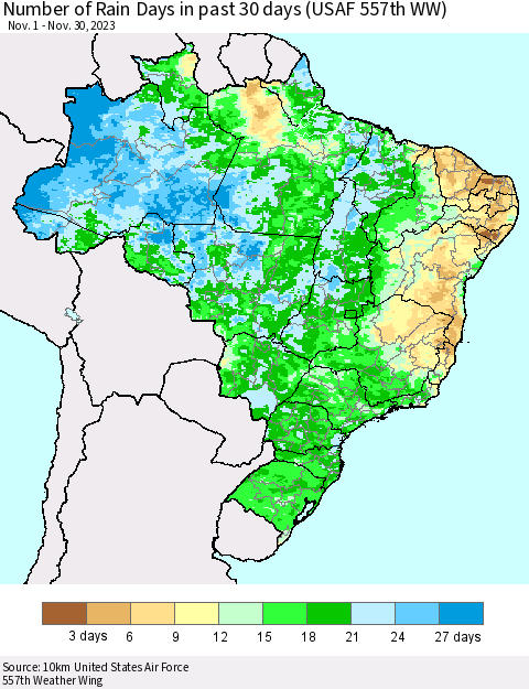 Brazil Number of Rain Days in past 30 days (USAF 557th WW) 11/30/2023 Thematic Map For 11/26/2023 - 11/30/2023