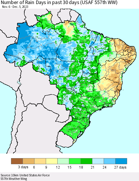 Brazil Number of Rain Days in past 30 days (USAF 557th WW) 12/05/2023 Thematic Map For 12/1/2023 - 12/5/2023