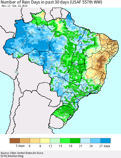 Brazil Number of Rain Days in past 30 days (USAF 557th WW) 12/10/2023 Thematic Map For 12/6/2023 - 12/10/2023